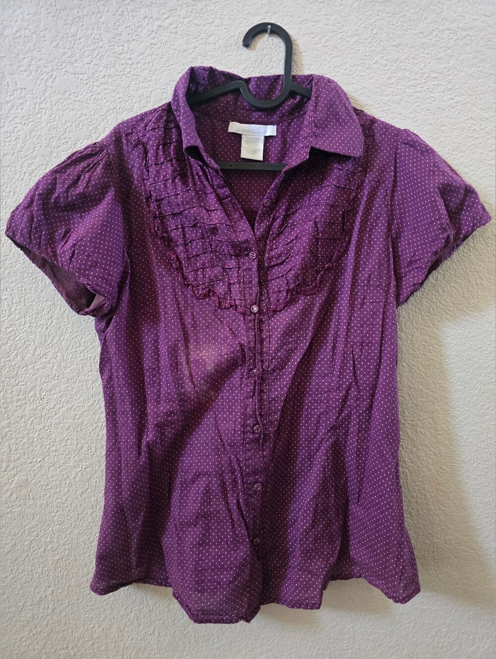 Charlotte Russe Purple Polka Dot Ruffle Button-Down Blouse 100% Cotton Large